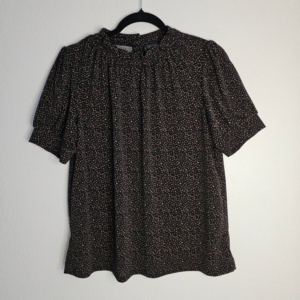 Adrianna Papell Black Petite‎ Floral Mock Neck Puff Sleeve Blouse Top Medium